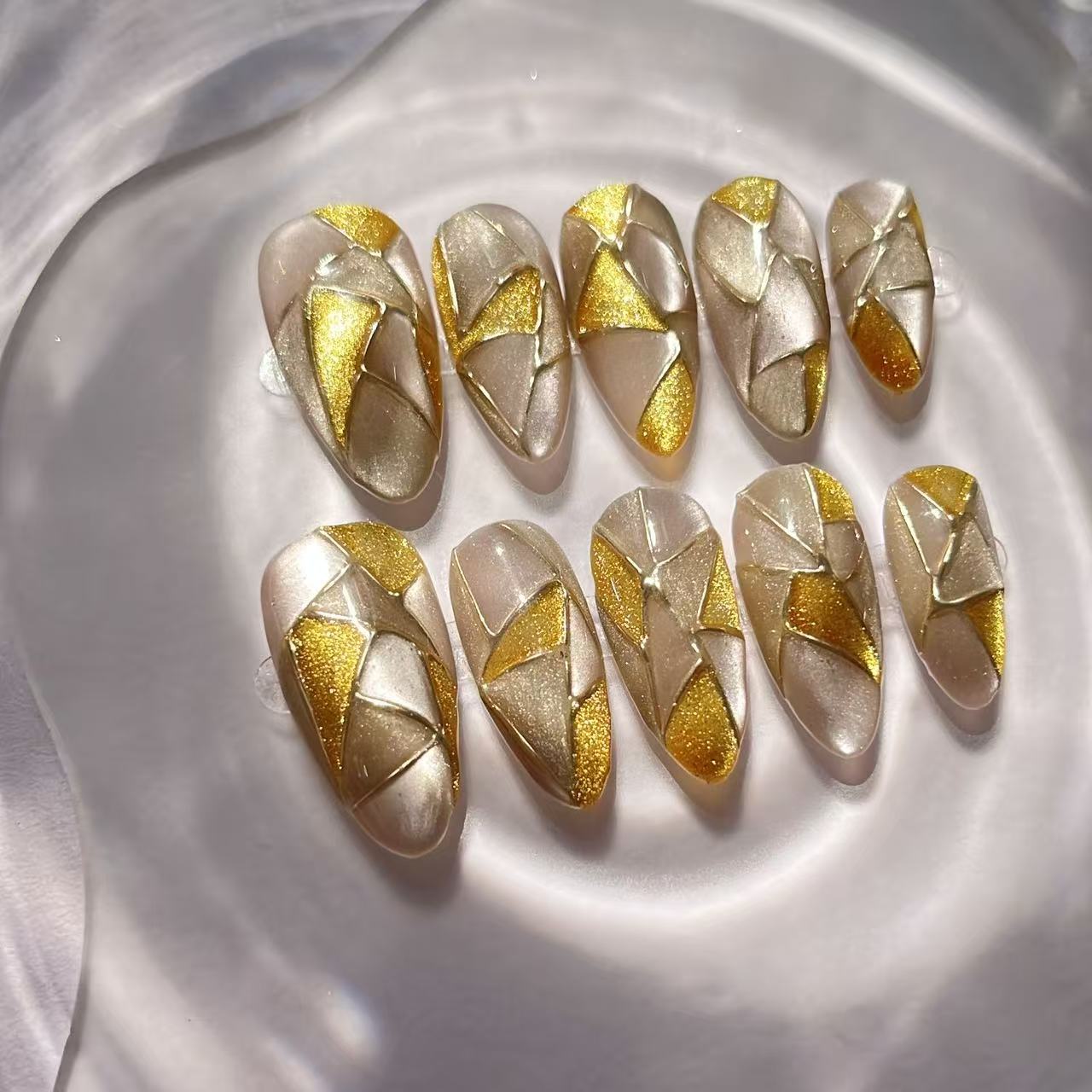 Customizable Luxury Geometric Gold Foil Handmade Press-On Nails