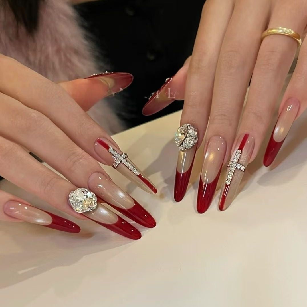 Red French Long Press-On Nails with Large Diamond Cross | Handmade & Customizable Luxury Nail Set