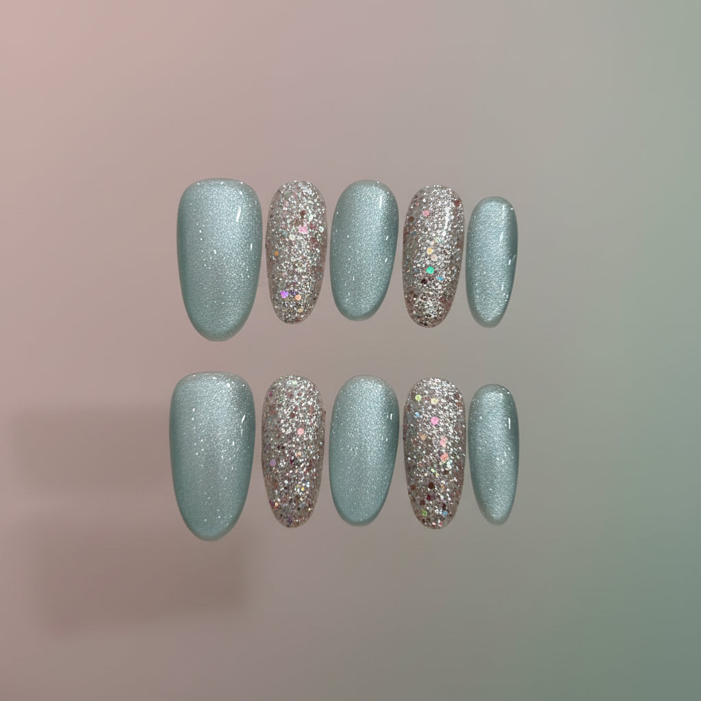Light Blue Sparkling Cat Eye Press-On Nails | Handmade Custom Set | Ultra Shimmer Magnetic Cat Eye Nails