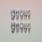 Oriental Style 3D Flower & Pearl Press-On Nails | Handmade Customizable | Luxury Asian-Inspired Nail Set