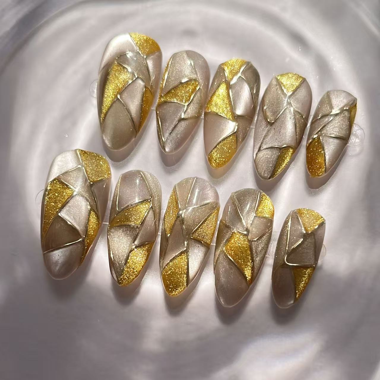 Customizable Luxury Geometric Gold Foil Handmade Press-On Nails