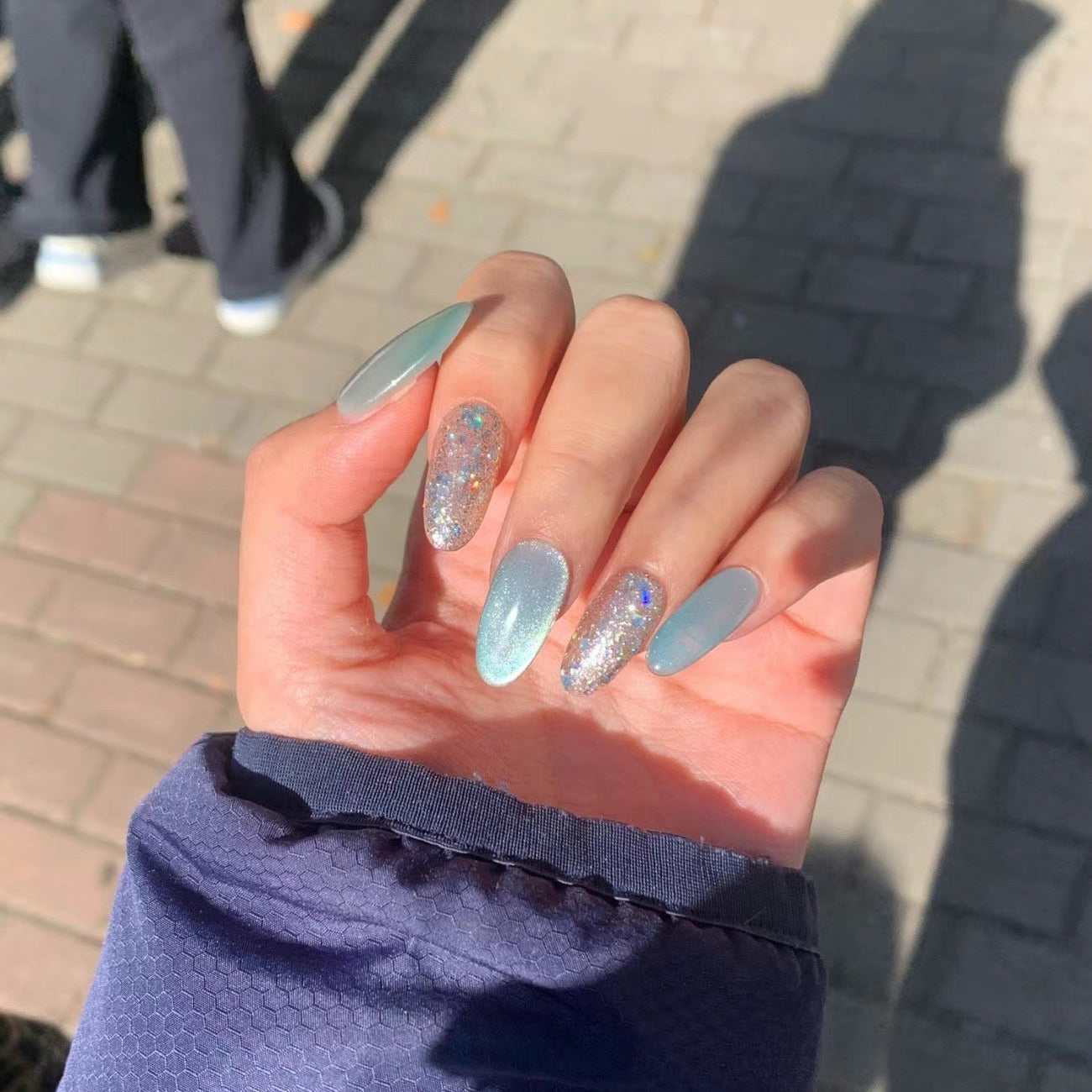 Light Blue Sparkling Cat Eye Press-On Nails | Handmade Custom Set | Ultra Shimmer Magnetic Cat Eye Nails