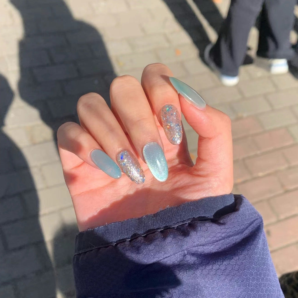 Light Blue Sparkling Cat Eye Press-On Nails | Handmade Custom Set | Ultra Shimmer Magnetic Cat Eye Nails