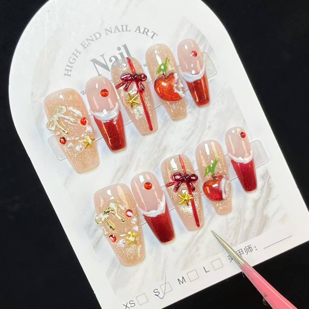 Christmas Eve Apple Rhinestone Press-On Nails | Handmade Customizable | Festive Luxury Nail Set